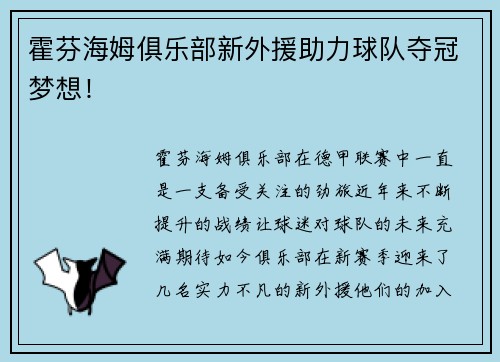 霍芬海姆俱乐部新外援助力球队夺冠梦想！